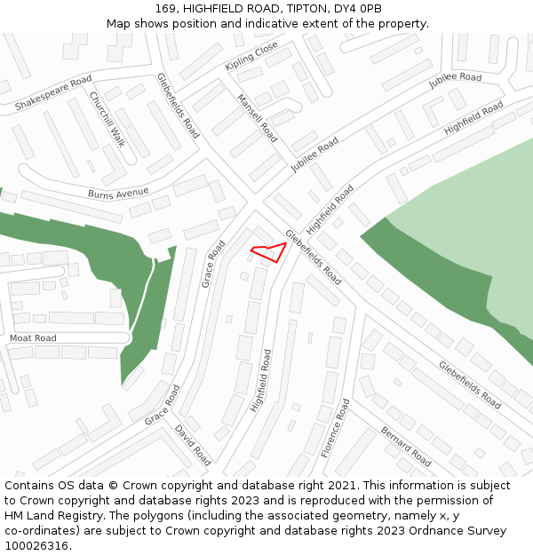 169, HIGHFIELD ROAD, TIPTON, DY4 0PB: Location map and indicative extent of plot