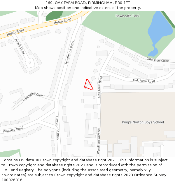 169, OAK FARM ROAD, BIRMINGHAM, B30 1ET: Location map and indicative extent of plot