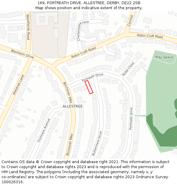 169, PORTREATH DRIVE, ALLESTREE, DERBY, DE22 2SB: Location map and indicative extent of plot