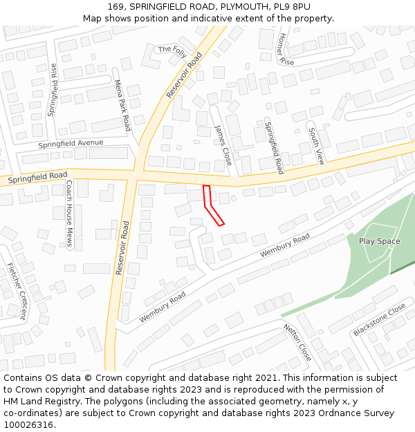 169, SPRINGFIELD ROAD, PLYMOUTH, PL9 8PU: Location map and indicative extent of plot