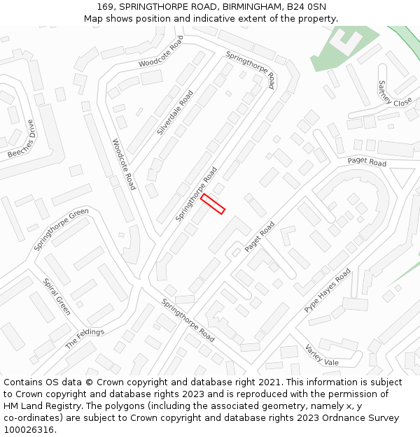 169, SPRINGTHORPE ROAD, BIRMINGHAM, B24 0SN: Location map and indicative extent of plot