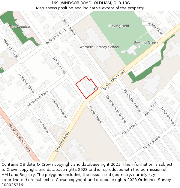 169, WINDSOR ROAD, OLDHAM, OL8 1RG: Location map and indicative extent of plot