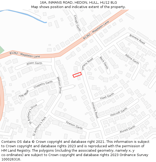 16A, INMANS ROAD, HEDON, HULL, HU12 8LG: Location map and indicative extent of plot