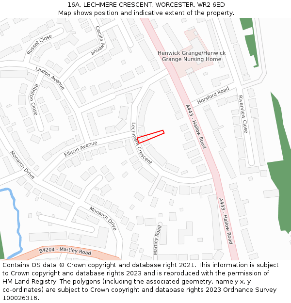 16A, LECHMERE CRESCENT, WORCESTER, WR2 6ED: Location map and indicative extent of plot