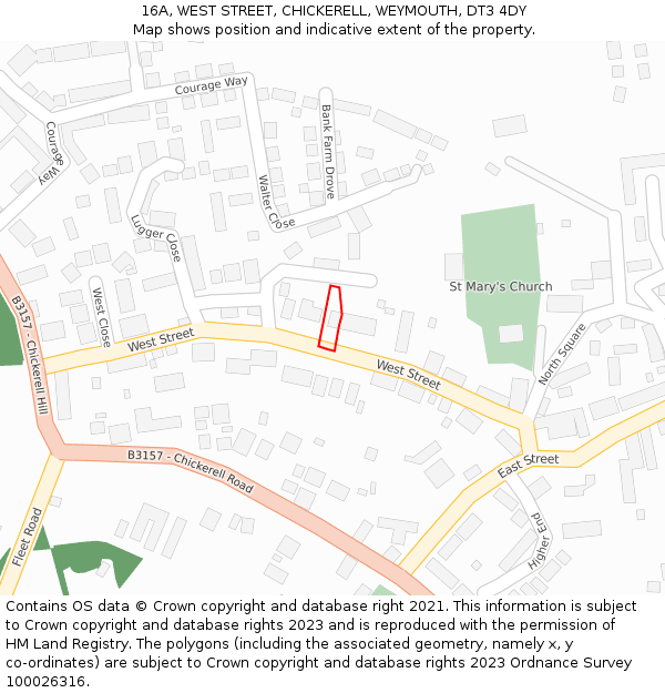 16A, WEST STREET, CHICKERELL, WEYMOUTH, DT3 4DY: Location map and indicative extent of plot