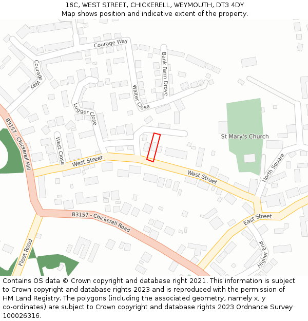 16C, WEST STREET, CHICKERELL, WEYMOUTH, DT3 4DY: Location map and indicative extent of plot