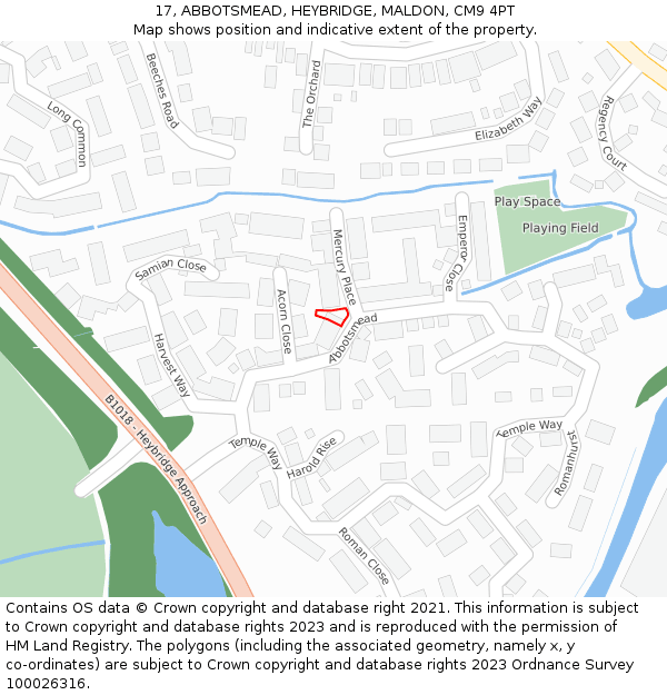 17, ABBOTSMEAD, HEYBRIDGE, MALDON, CM9 4PT: Location map and indicative extent of plot