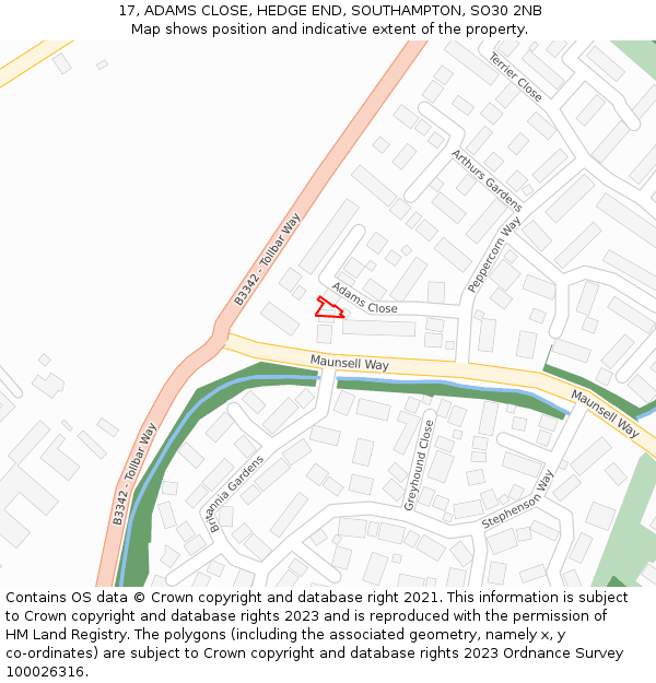 17, ADAMS CLOSE, HEDGE END, SOUTHAMPTON, SO30 2NB: Location map and indicative extent of plot