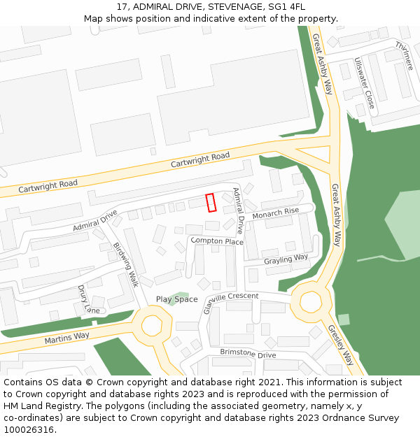 17, ADMIRAL DRIVE, STEVENAGE, SG1 4FL: Location map and indicative extent of plot