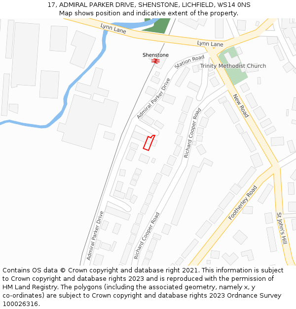 17, ADMIRAL PARKER DRIVE, SHENSTONE, LICHFIELD, WS14 0NS: Location map and indicative extent of plot