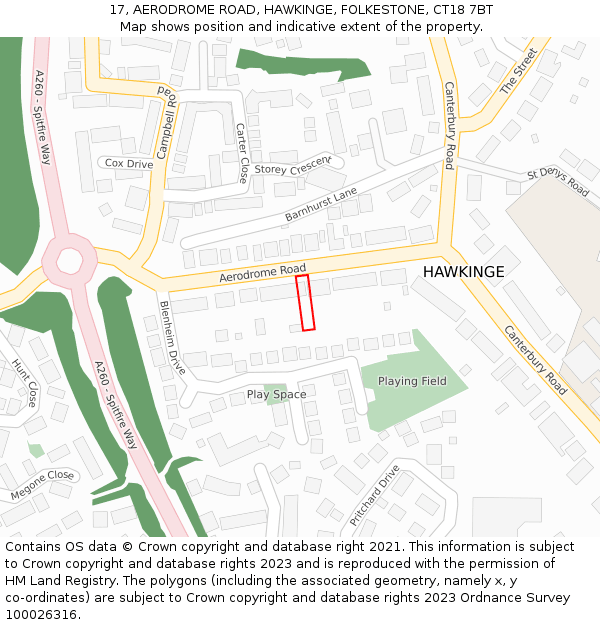 17, AERODROME ROAD, HAWKINGE, FOLKESTONE, CT18 7BT: Location map and indicative extent of plot