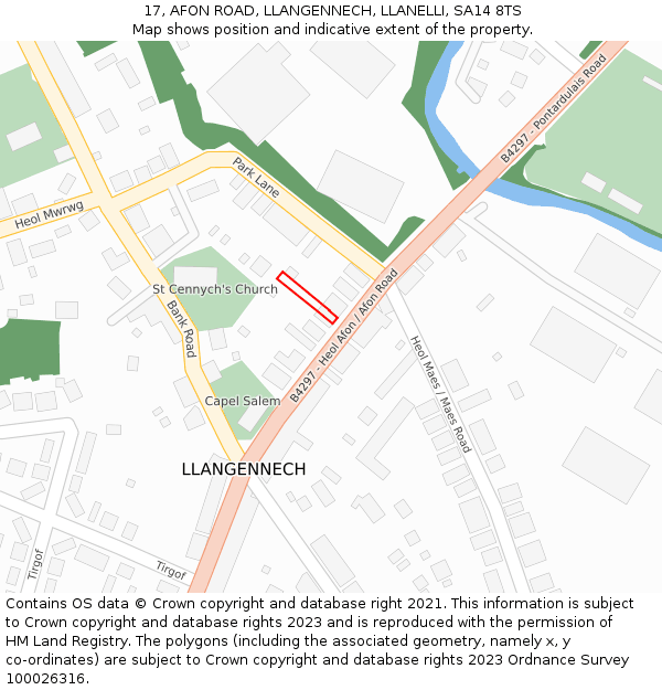 17, AFON ROAD, LLANGENNECH, LLANELLI, SA14 8TS: Location map and indicative extent of plot