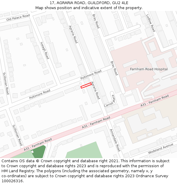 17, AGRARIA ROAD, GUILDFORD, GU2 4LE: Location map and indicative extent of plot