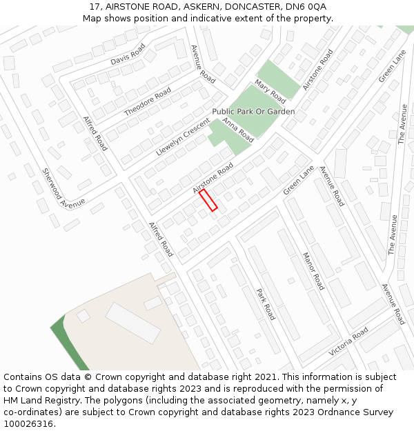 17, AIRSTONE ROAD, ASKERN, DONCASTER, DN6 0QA: Location map and indicative extent of plot