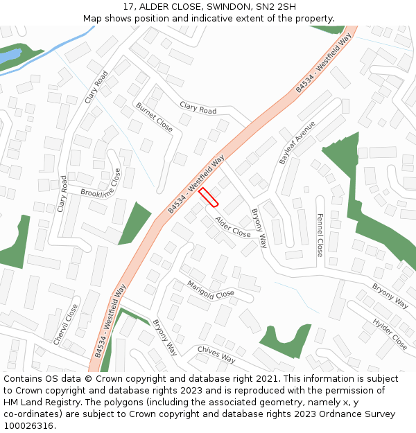 17, ALDER CLOSE, SWINDON, SN2 2SH: Location map and indicative extent of plot