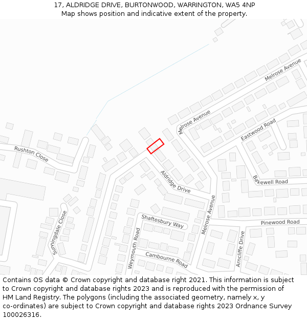 17, ALDRIDGE DRIVE, BURTONWOOD, WARRINGTON, WA5 4NP: Location map and indicative extent of plot