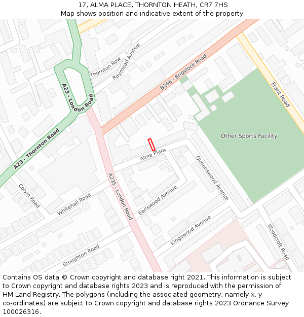 17, ALMA PLACE, THORNTON HEATH, CR7 7HS: Location map and indicative extent of plot