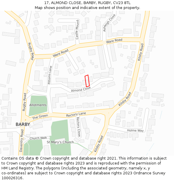 17, ALMOND CLOSE, BARBY, RUGBY, CV23 8TL: Location map and indicative extent of plot