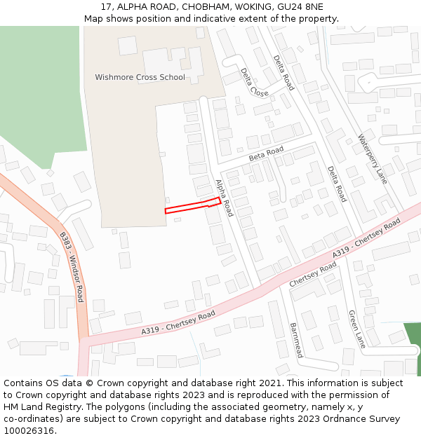 17, ALPHA ROAD, CHOBHAM, WOKING, GU24 8NE: Location map and indicative extent of plot