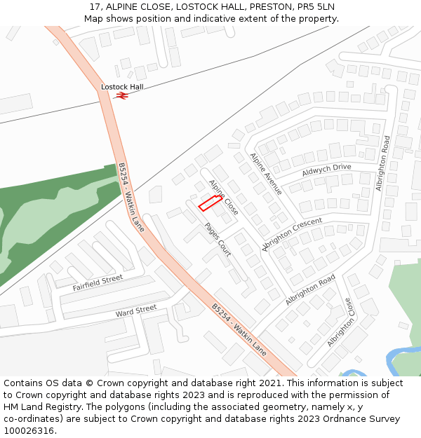 17, ALPINE CLOSE, LOSTOCK HALL, PRESTON, PR5 5LN: Location map and indicative extent of plot