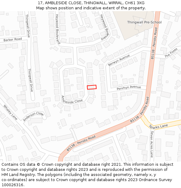 17, AMBLESIDE CLOSE, THINGWALL, WIRRAL, CH61 3XG: Location map and indicative extent of plot