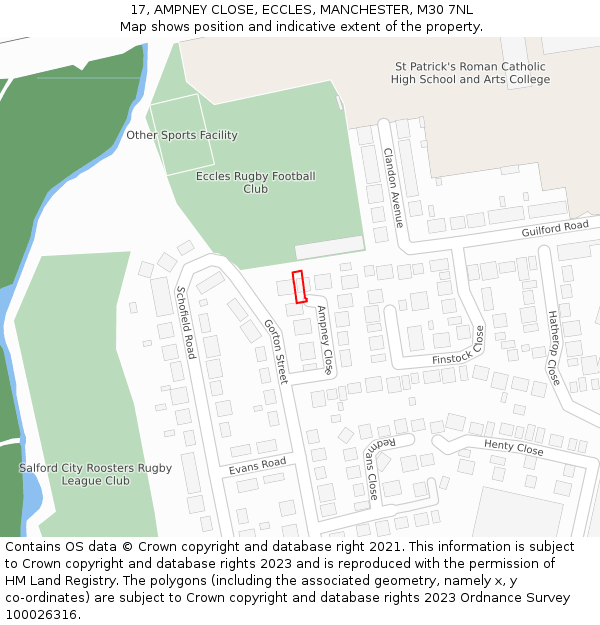 17, AMPNEY CLOSE, ECCLES, MANCHESTER, M30 7NL: Location map and indicative extent of plot