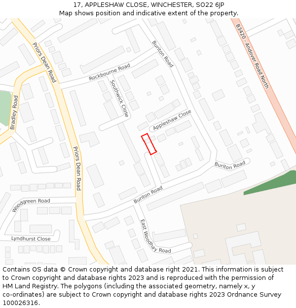 17, APPLESHAW CLOSE, WINCHESTER, SO22 6JP: Location map and indicative extent of plot