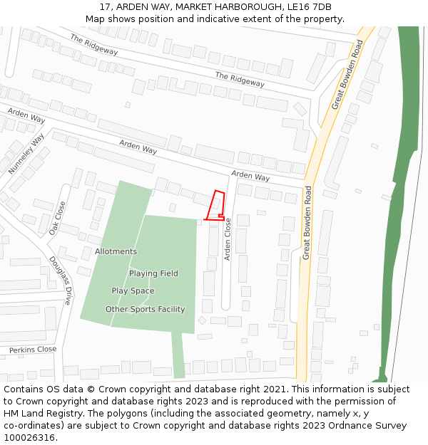 17, ARDEN WAY, MARKET HARBOROUGH, LE16 7DB: Location map and indicative extent of plot