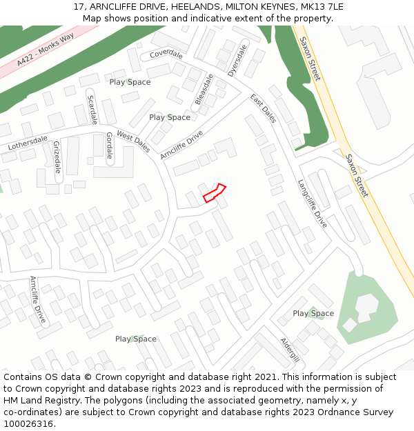 17, ARNCLIFFE DRIVE, HEELANDS, MILTON KEYNES, MK13 7LE: Location map and indicative extent of plot