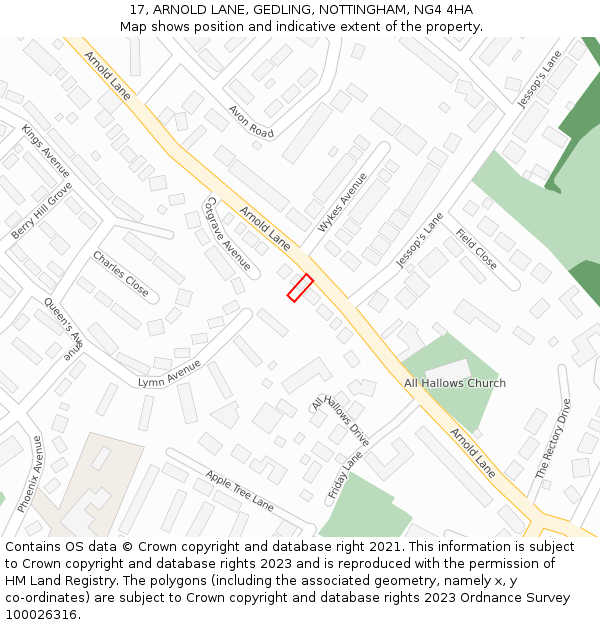 17, ARNOLD LANE, GEDLING, NOTTINGHAM, NG4 4HA: Location map and indicative extent of plot