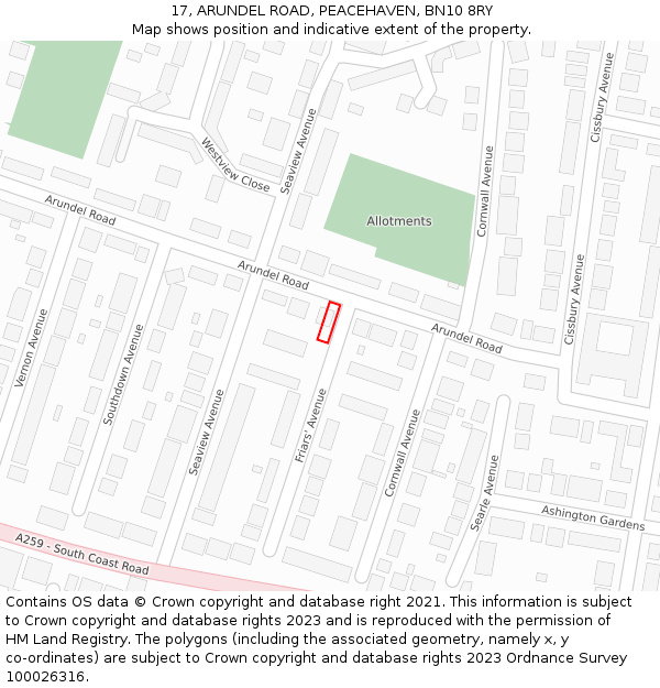 17, ARUNDEL ROAD, PEACEHAVEN, BN10 8RY: Location map and indicative extent of plot