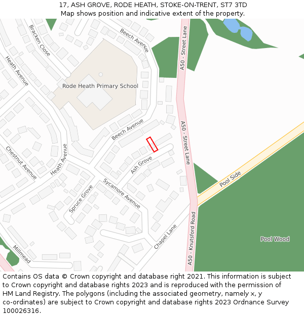 17, ASH GROVE, RODE HEATH, STOKE-ON-TRENT, ST7 3TD: Location map and indicative extent of plot