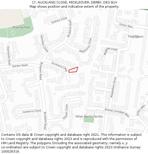 17, AUCKLAND CLOSE, MICKLEOVER, DERBY, DE3 9LH: Location map and indicative extent of plot