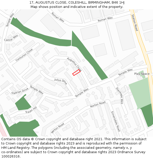 17, AUGUSTUS CLOSE, COLESHILL, BIRMINGHAM, B46 1HJ: Location map and indicative extent of plot