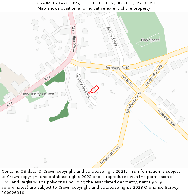 17, AUMERY GARDENS, HIGH LITTLETON, BRISTOL, BS39 6AB: Location map and indicative extent of plot