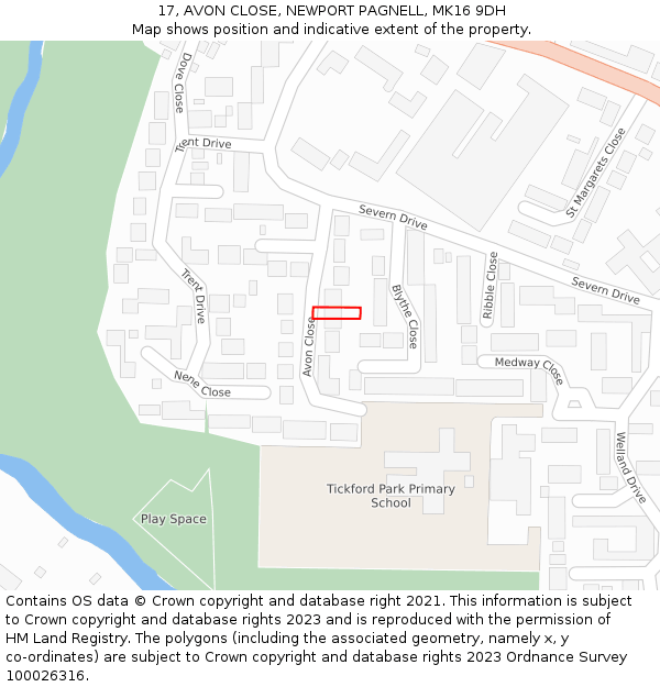 17, AVON CLOSE, NEWPORT PAGNELL, MK16 9DH: Location map and indicative extent of plot