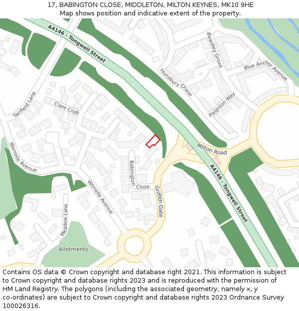 17, BABINGTON CLOSE, MIDDLETON, MILTON KEYNES, MK10 9HE: Location map and indicative extent of plot