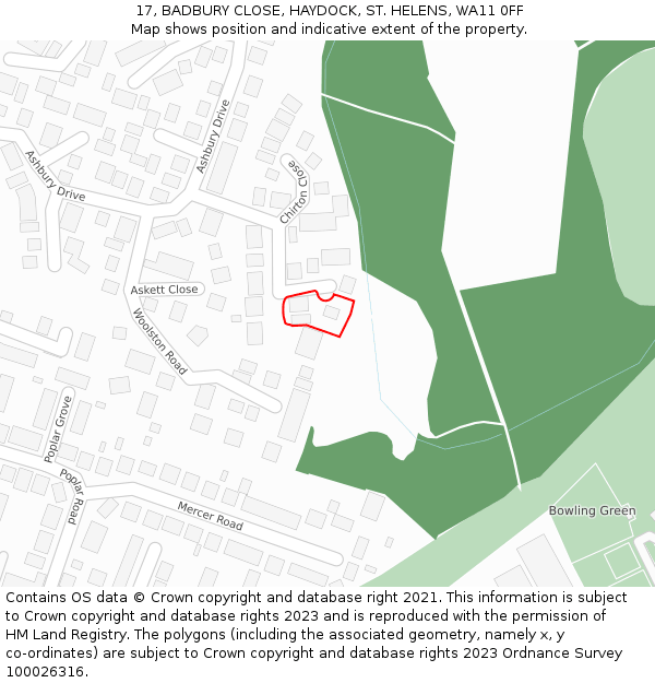 17, BADBURY CLOSE, HAYDOCK, ST. HELENS, WA11 0FF: Location map and indicative extent of plot