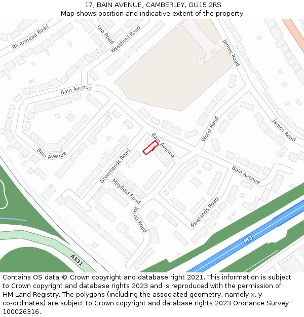 17, BAIN AVENUE, CAMBERLEY, GU15 2RS: Location map and indicative extent of plot