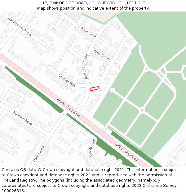 17, BAINBRIDGE ROAD, LOUGHBOROUGH, LE11 2LE: Location map and indicative extent of plot