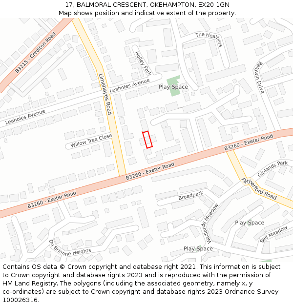 17, BALMORAL CRESCENT, OKEHAMPTON, EX20 1GN: Location map and indicative extent of plot