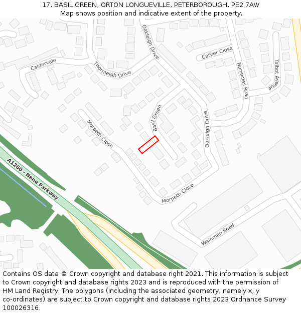 17, BASIL GREEN, ORTON LONGUEVILLE, PETERBOROUGH, PE2 7AW: Location map and indicative extent of plot