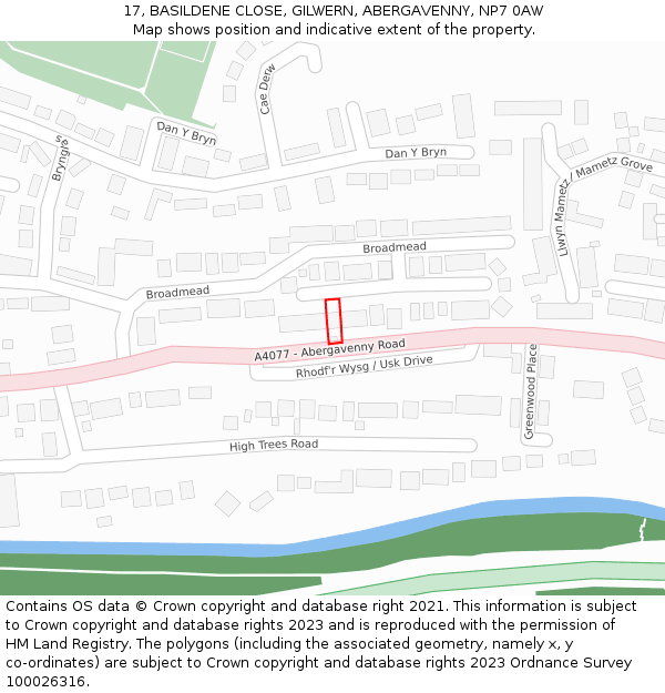 17, BASILDENE CLOSE, GILWERN, ABERGAVENNY, NP7 0AW: Location map and indicative extent of plot