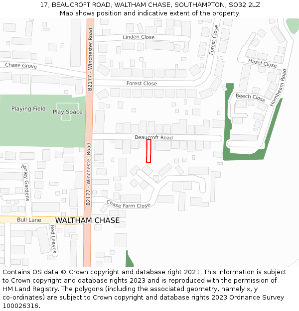 17, BEAUCROFT ROAD, WALTHAM CHASE, SOUTHAMPTON, SO32 2LZ: Location map and indicative extent of plot