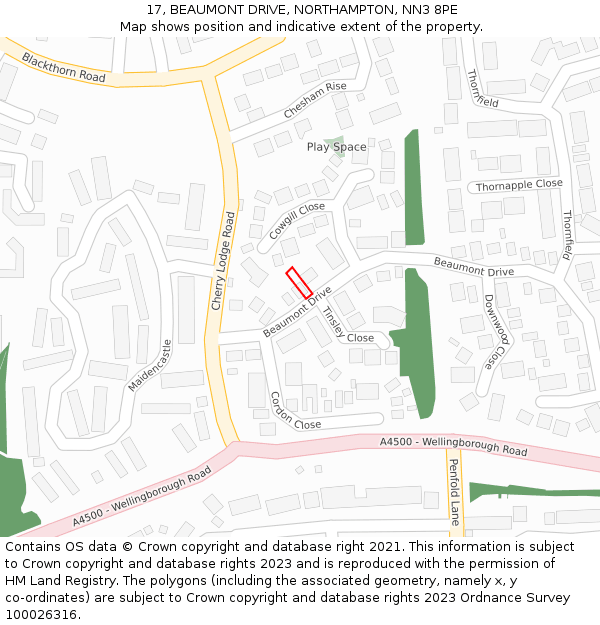 17, BEAUMONT DRIVE, NORTHAMPTON, NN3 8PE: Location map and indicative extent of plot