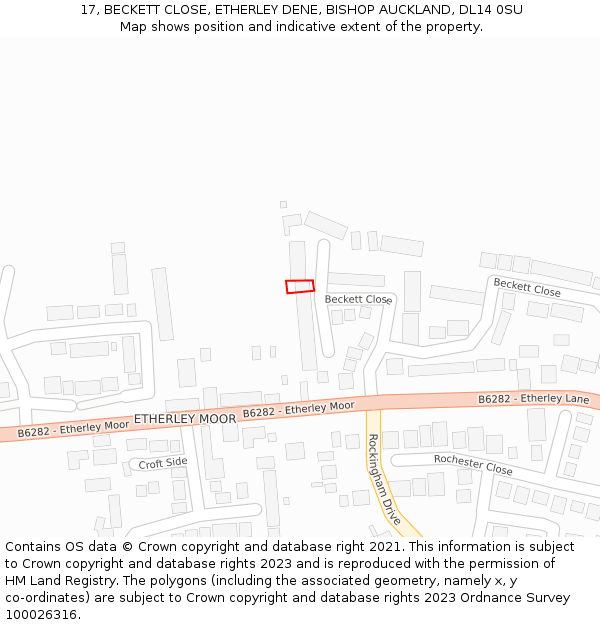 17, BECKETT CLOSE, ETHERLEY DENE, BISHOP AUCKLAND, DL14 0SU: Location map and indicative extent of plot