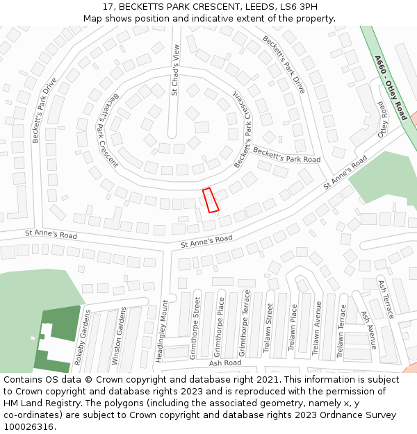 17, BECKETTS PARK CRESCENT, LEEDS, LS6 3PH: Location map and indicative extent of plot