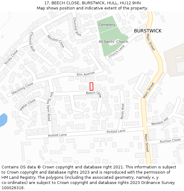 17, BEECH CLOSE, BURSTWICK, HULL, HU12 9HN: Location map and indicative extent of plot