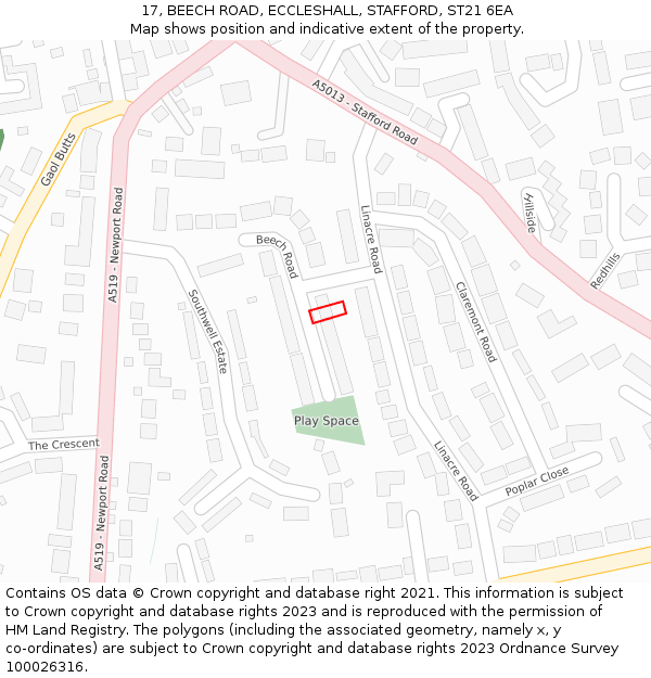 17, BEECH ROAD, ECCLESHALL, STAFFORD, ST21 6EA: Location map and indicative extent of plot