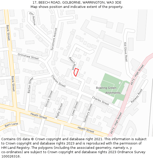 17, BEECH ROAD, GOLBORNE, WARRINGTON, WA3 3DE: Location map and indicative extent of plot